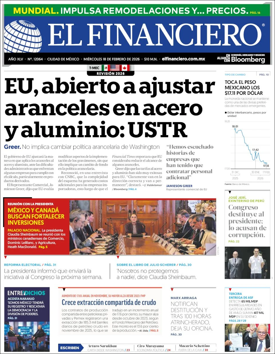 Portada de El Financiero del miércoles, 18 de febrero de 2026