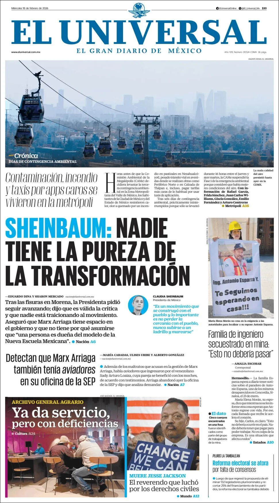 Portada de El Universal del miércoles, 18 de febrero de 2026