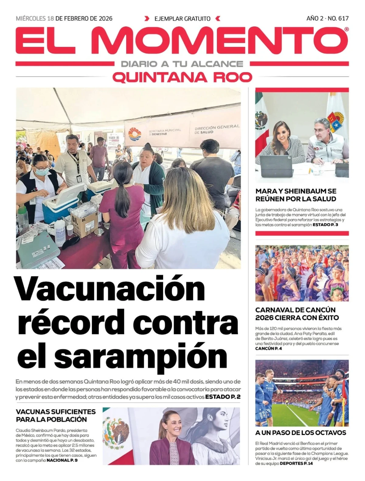 Portada de El Momento Quintana Roo del miércoles, 18 de febrero de 2026