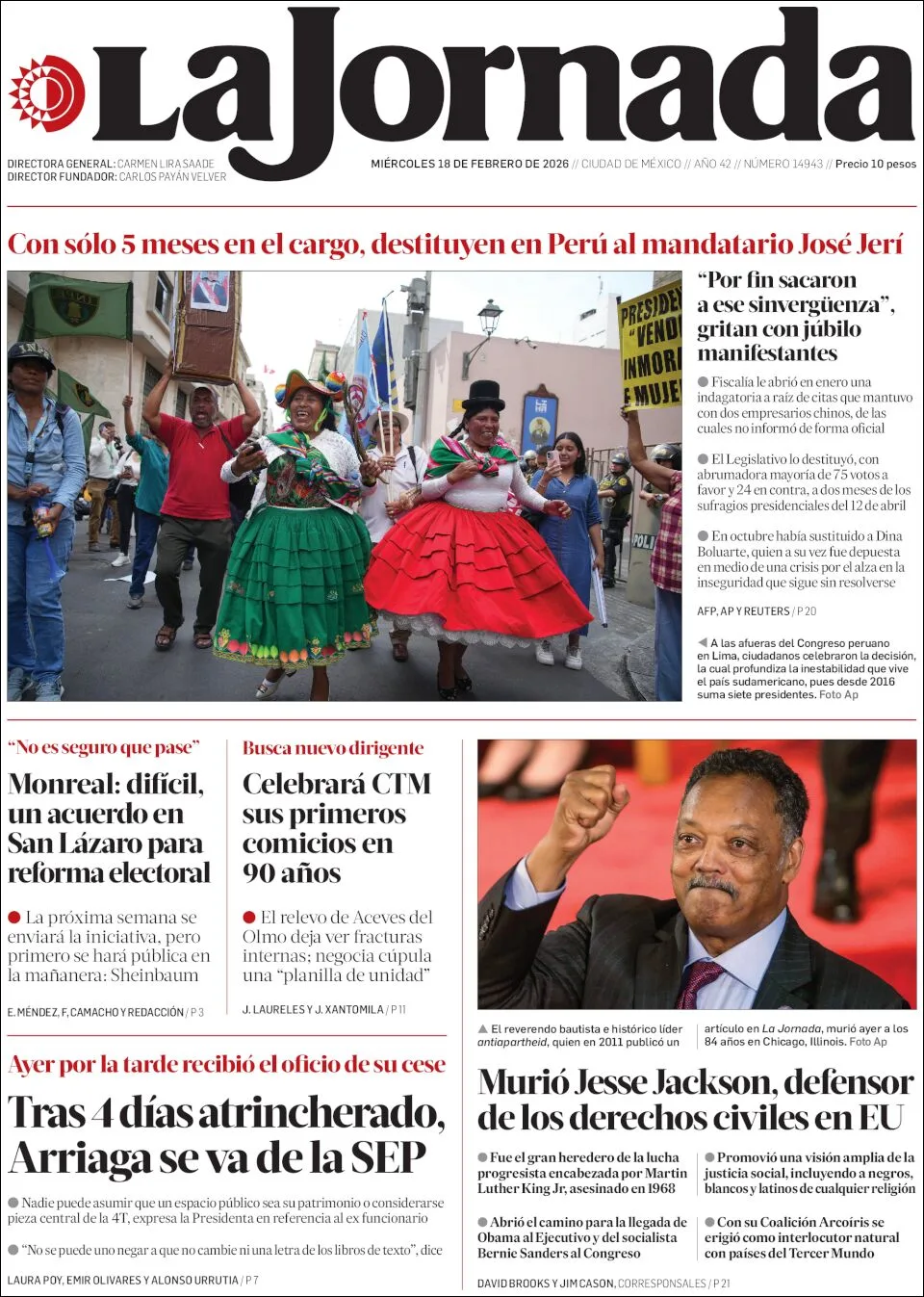 Portada de La Jornada del miércoles, 18 de febrero de 2026