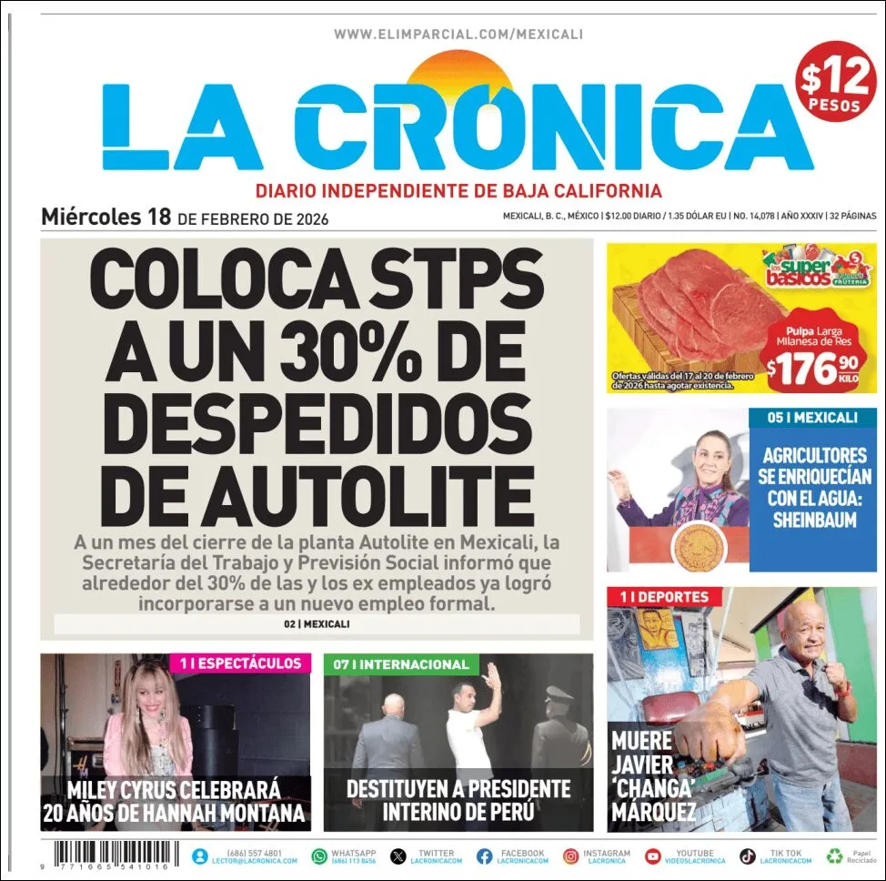 Portada de La Cronica del miércoles, 18 de febrero de 2026