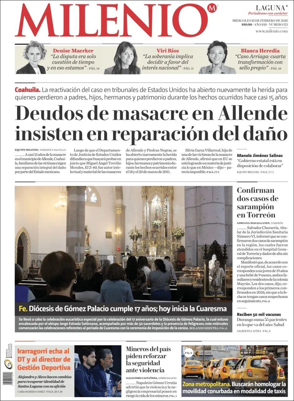 Portada de Milenio Laguna del miércoles, 18 de febrero de 2026