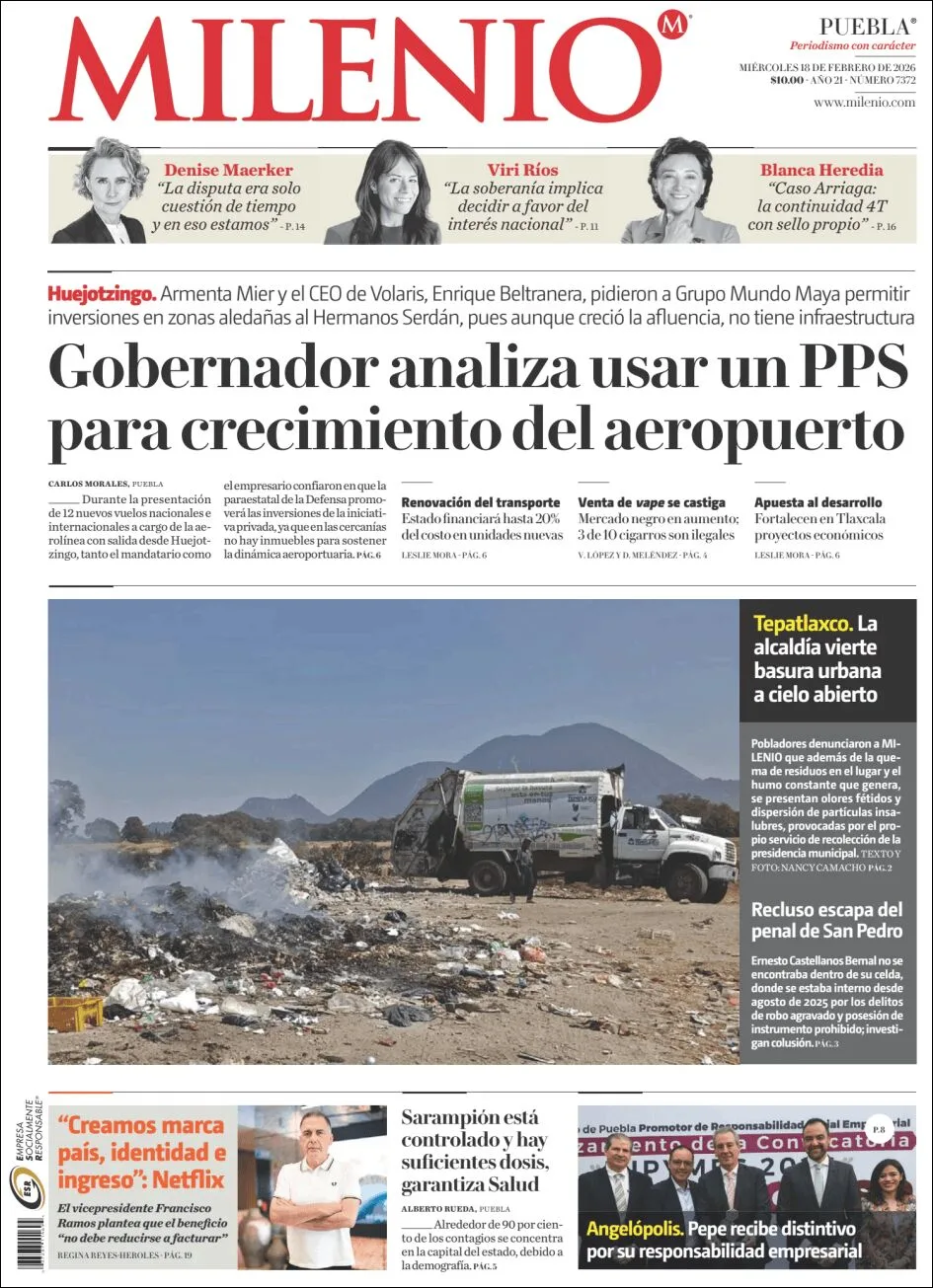 Portada de Milenio Puebla del miércoles, 18 de febrero de 2026