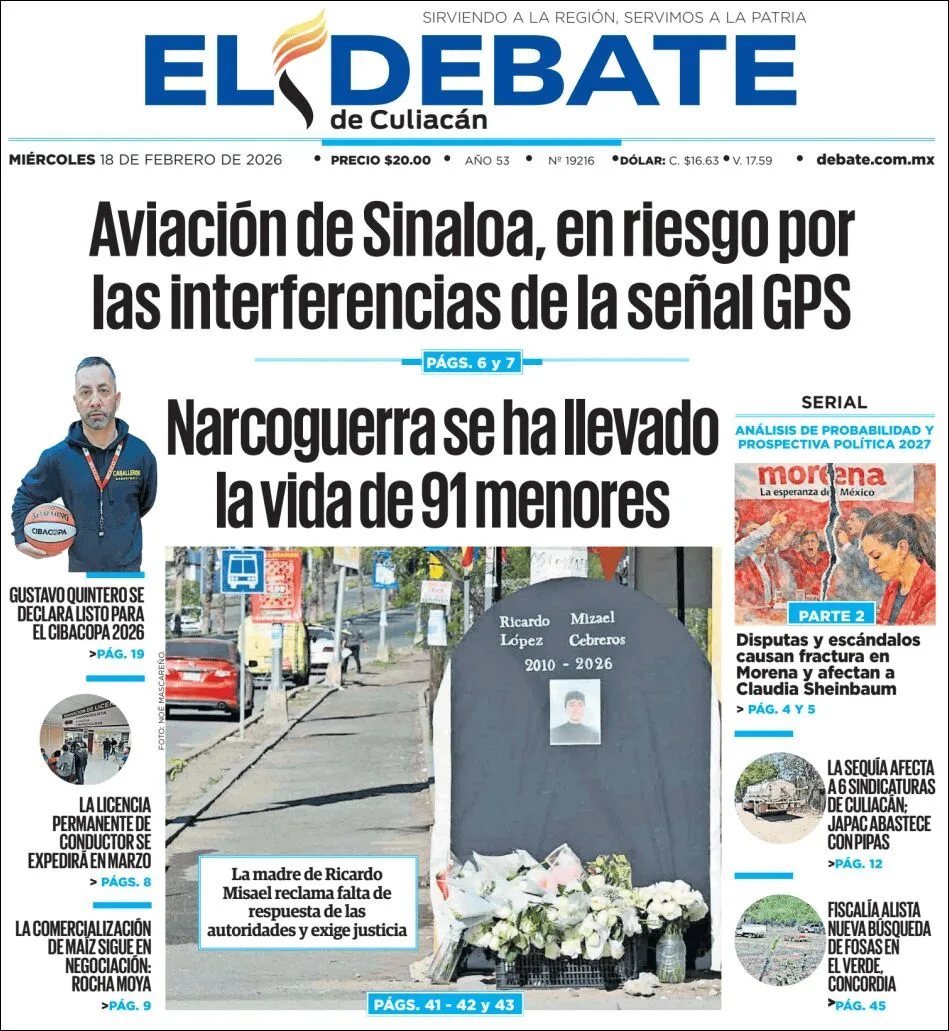 Portada de El Debate de Culiacan del miércoles, 18 de febrero de 2026