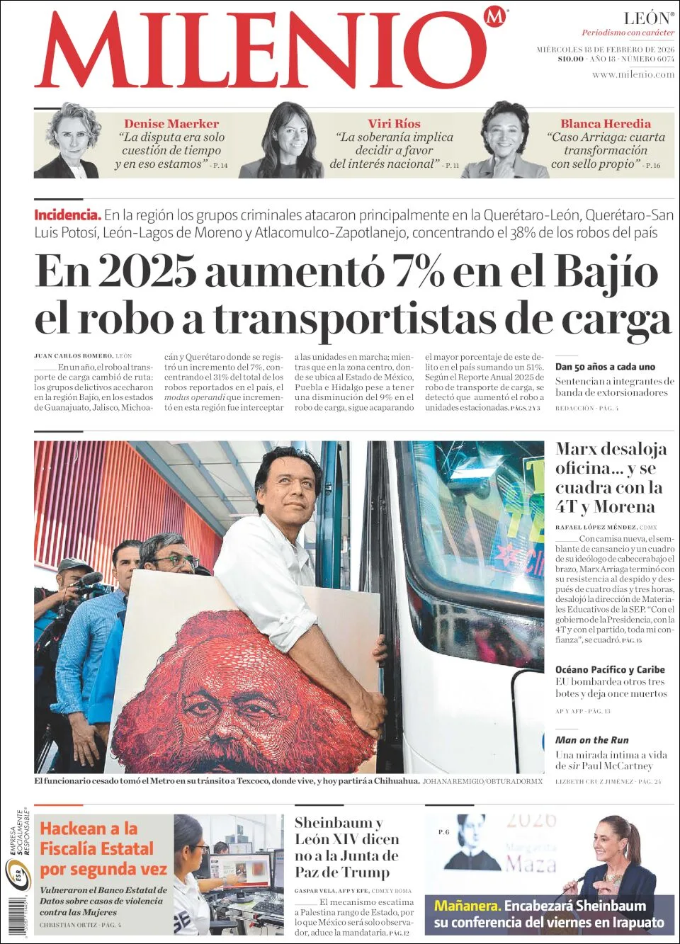 Portada de Milenio Leon del miércoles, 18 de febrero de 2026