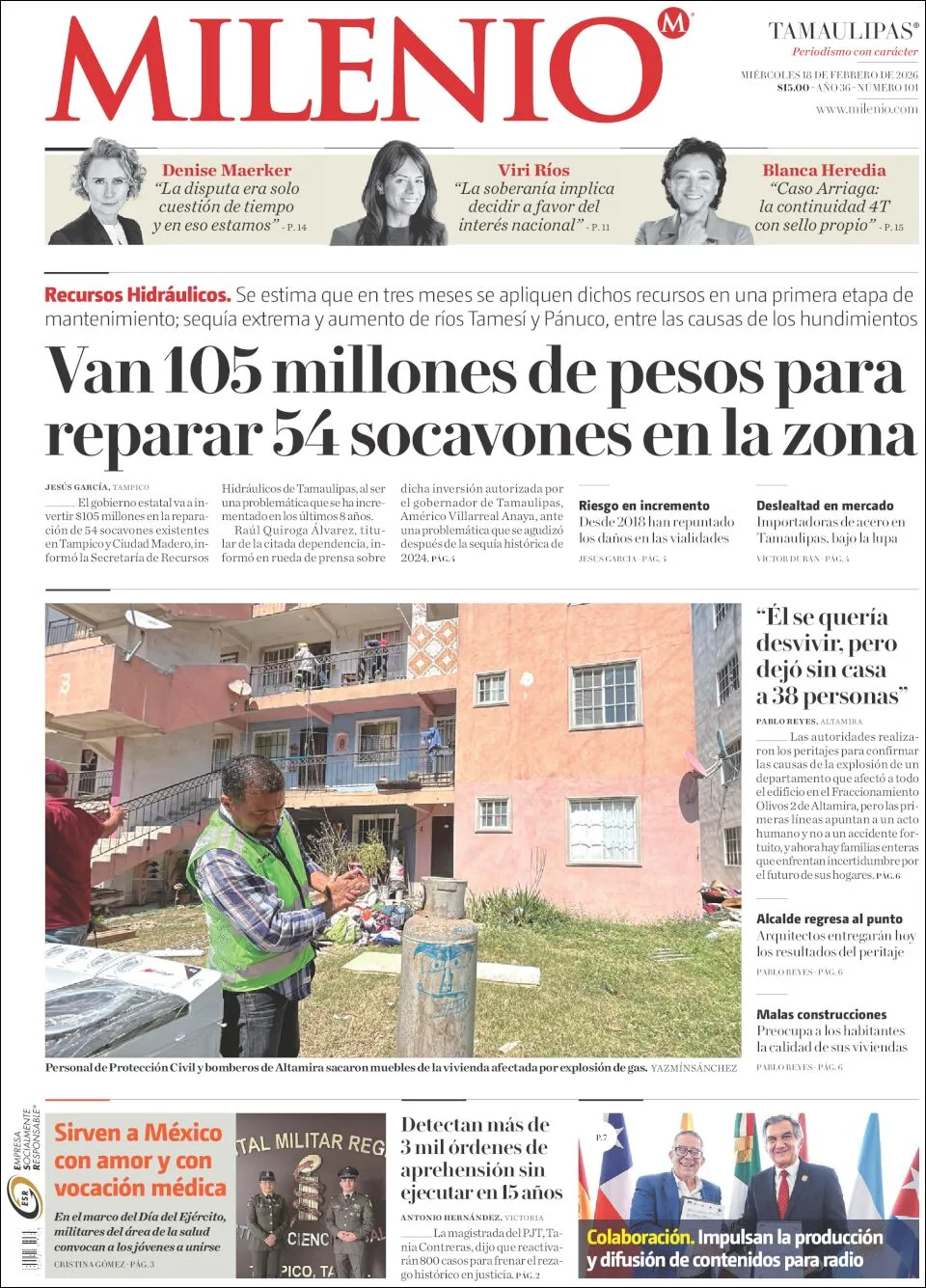 Portada de Milenio Tamaulipas del miércoles, 18 de febrero de 2026