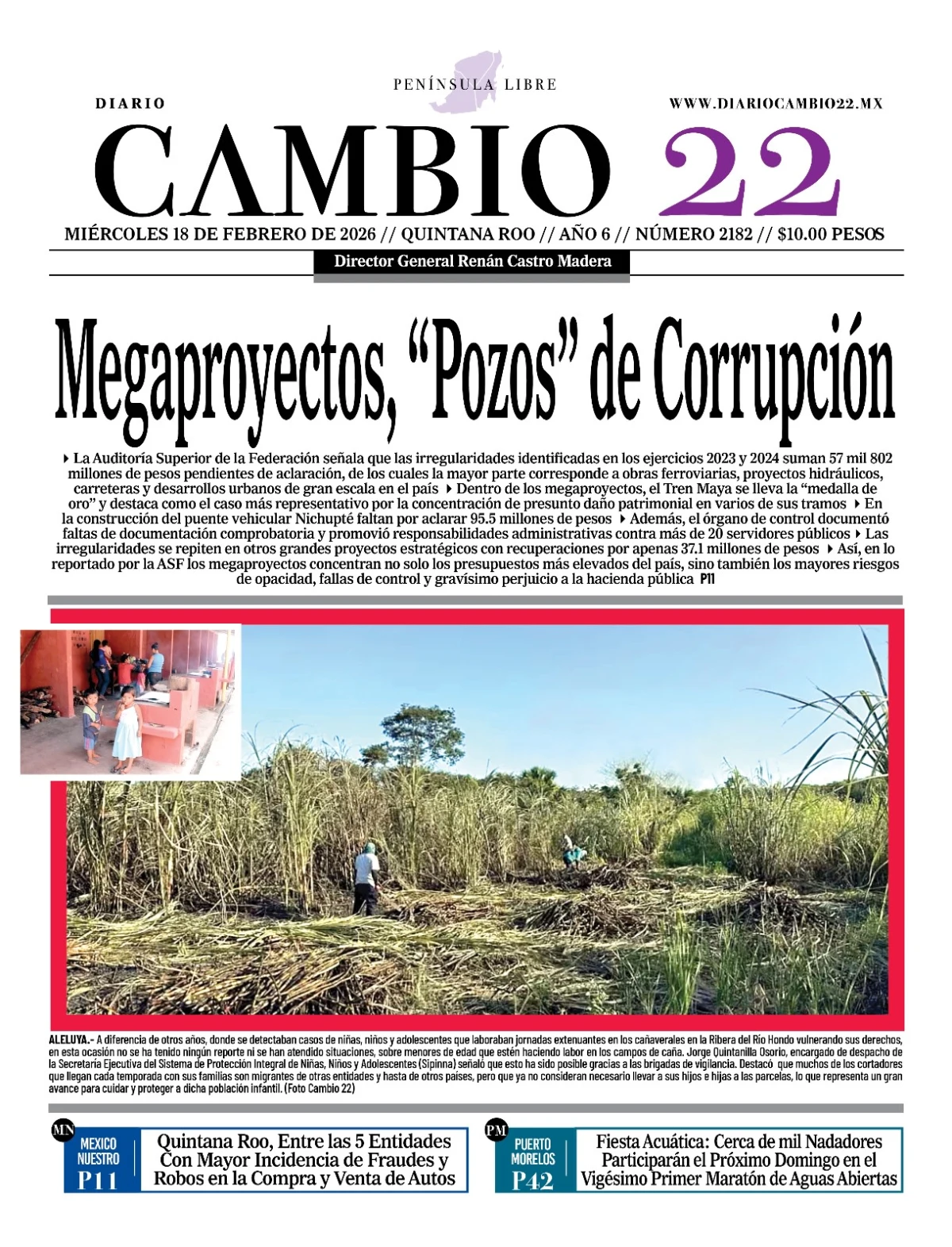 Portada de Diario Cambio 22 (contraportada) del miércoles, 18 de febrero de 2026