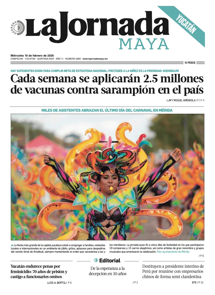 Portada de La Jornada Maya Yucatán del miércoles, 18 de febrero de 2026