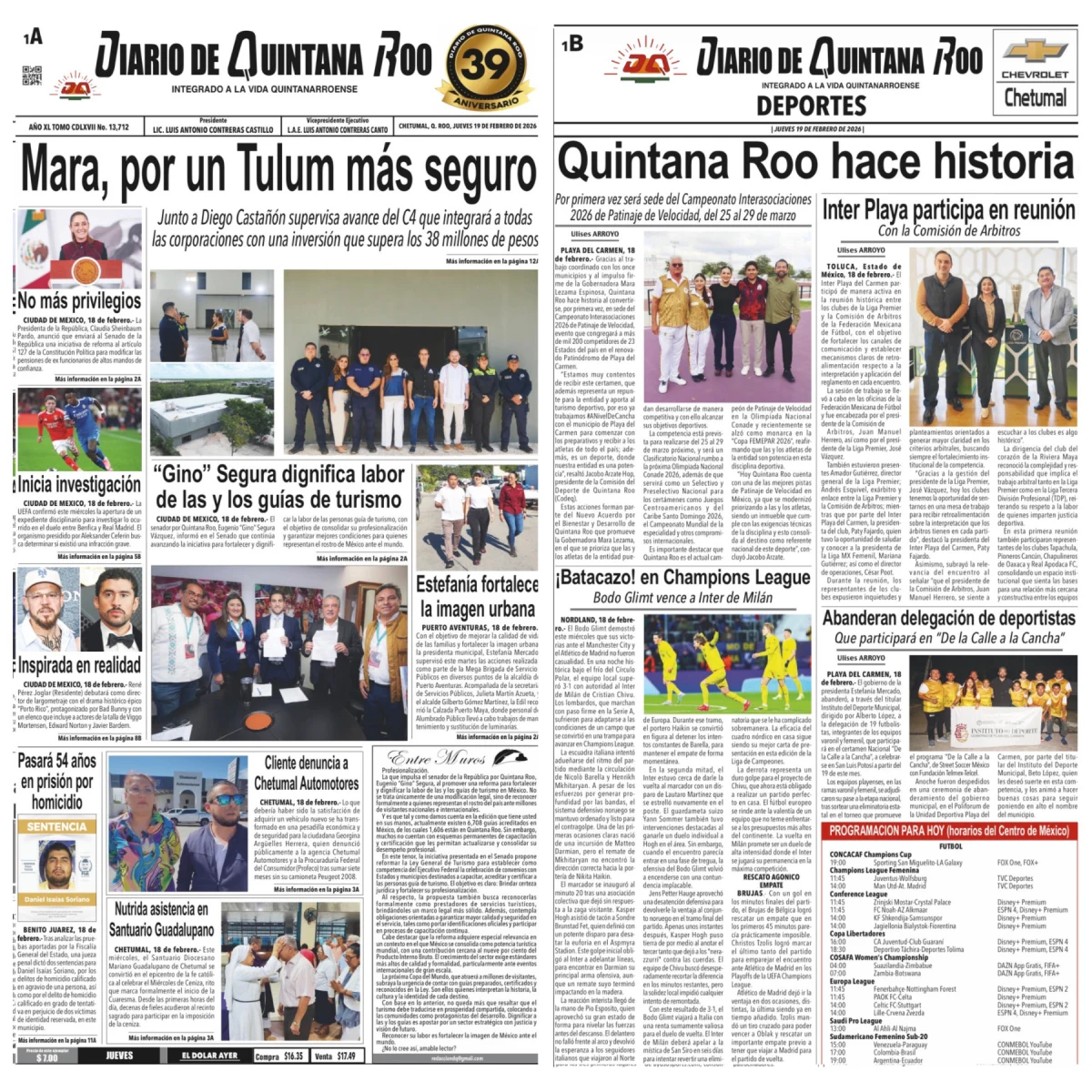 Portada de Diario de Quintana Roo (portada) del jueves, 19 de febrero de 2026