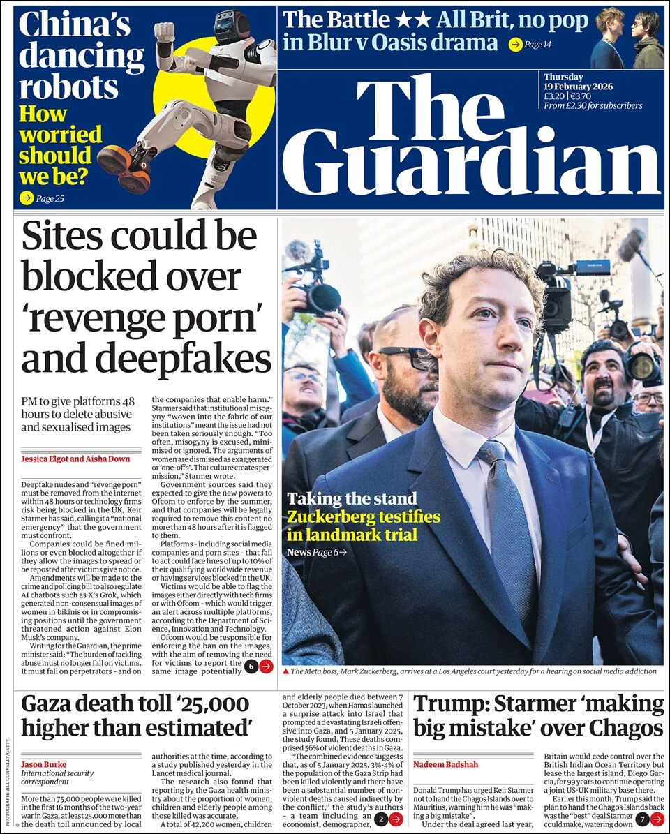 Portada de The Guardian (reino Unido) del jueves, 19 de febrero de 2026