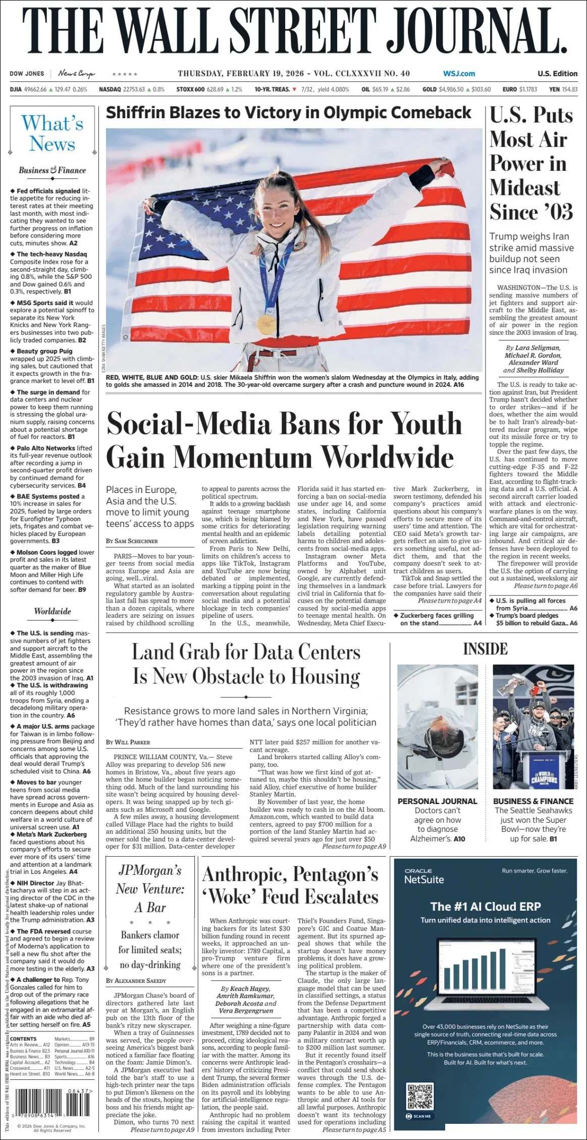 Portada de The Wall Street Journal del jueves, 19 de febrero de 2026