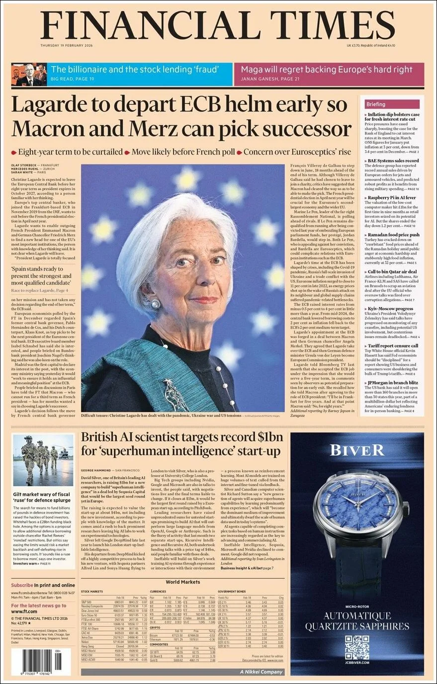 Portada de Financial Times del jueves, 19 de febrero de 2026
