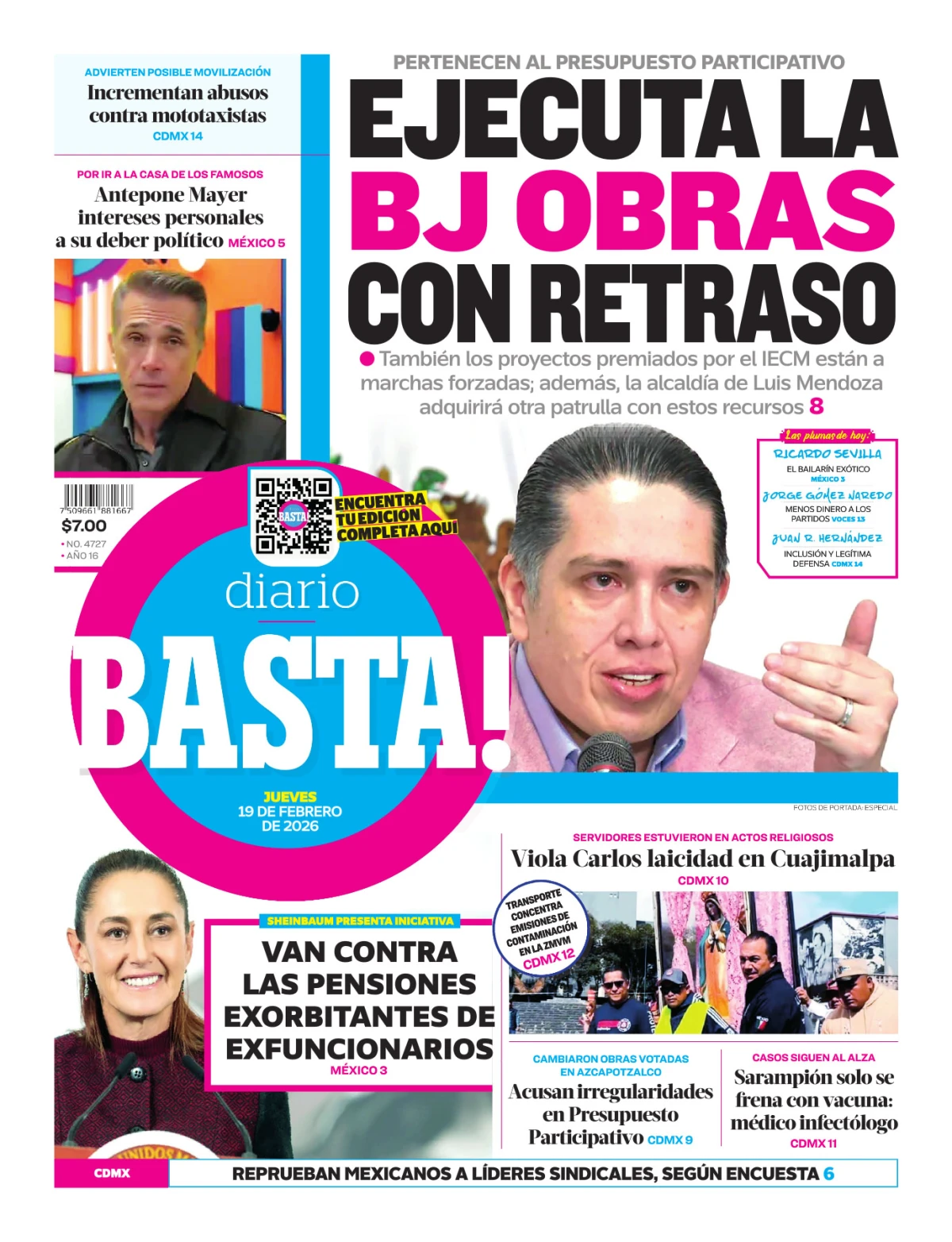 Portada de Basta! (portada) del jueves, 19 de febrero de 2026