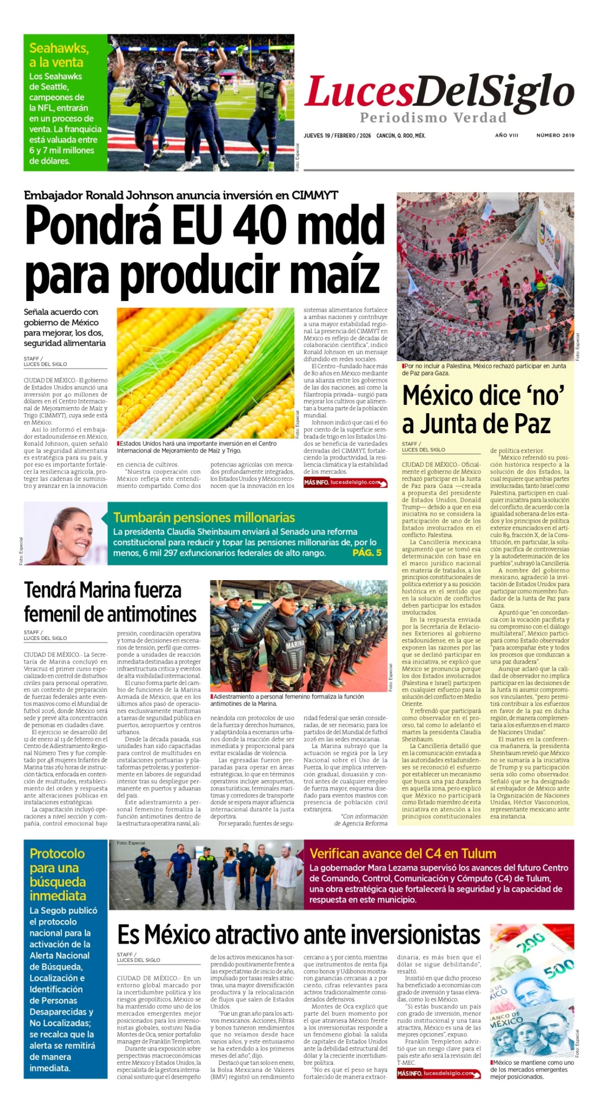 Portada de Luces del Siglo del jueves, 19 de febrero de 2026
