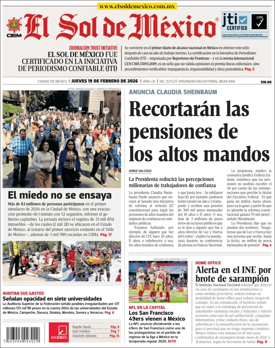 Portada de El Sol de Mexico del jueves, 19 de febrero de 2026