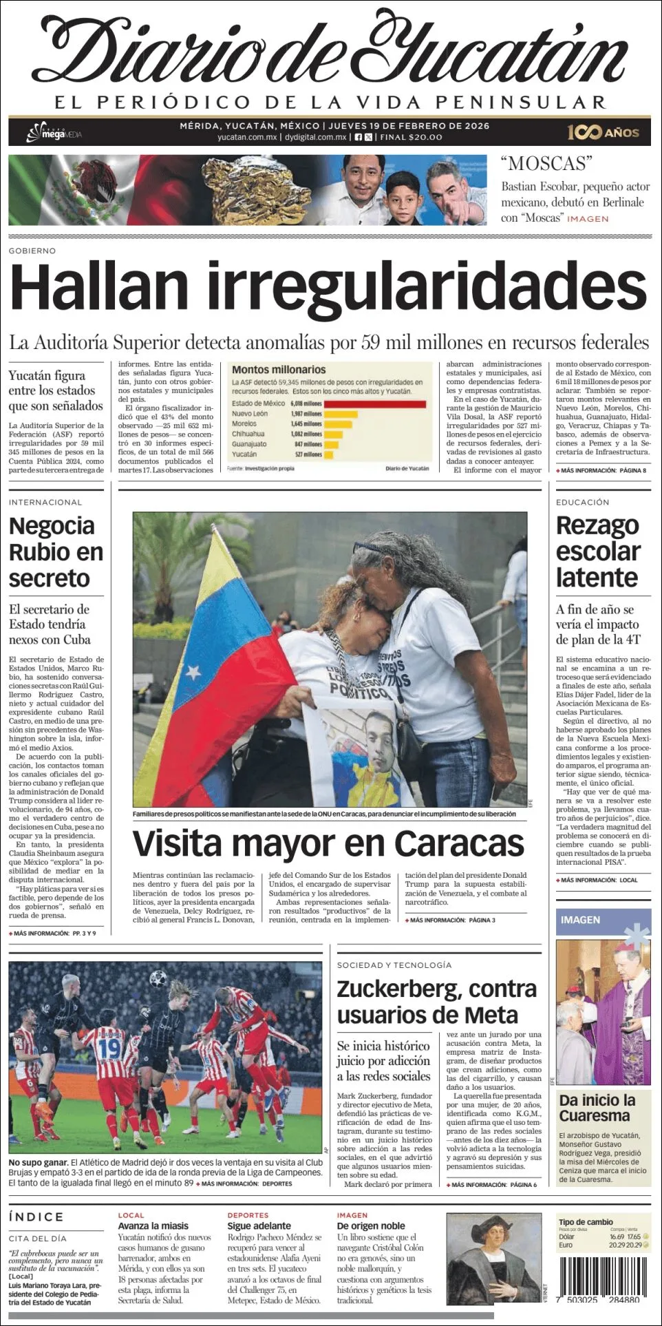 Portada de Diario de Yucatán del jueves, 19 de febrero de 2026