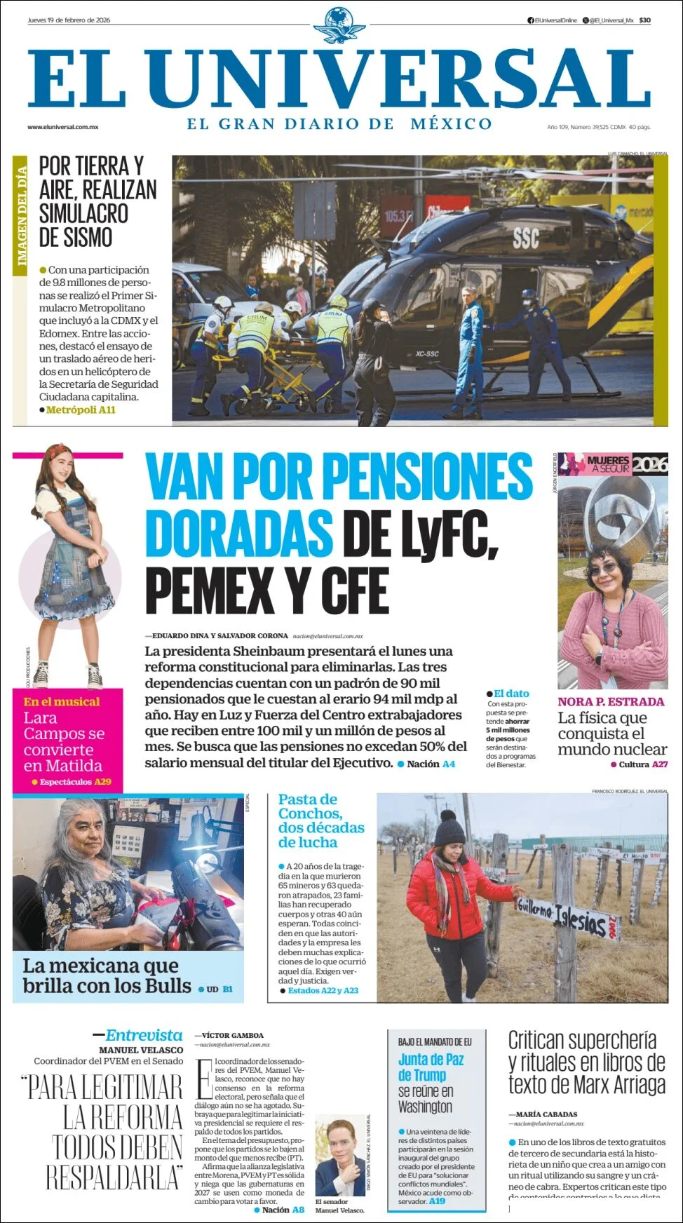 Portada de El Universal del jueves, 19 de febrero de 2026
