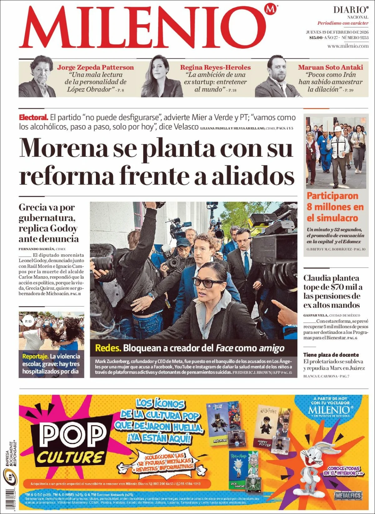 Portada de Milenio del jueves, 19 de febrero de 2026