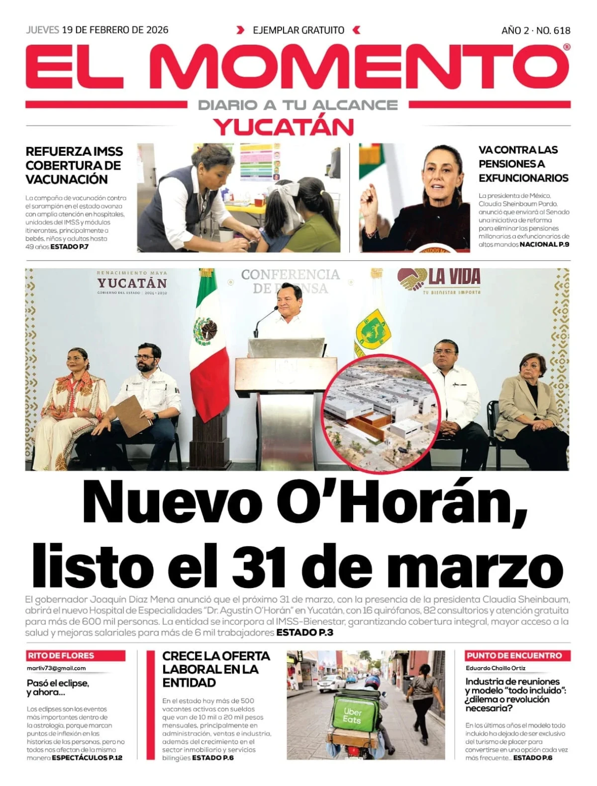 Portada de El Momento Yucatan del jueves, 19 de febrero de 2026