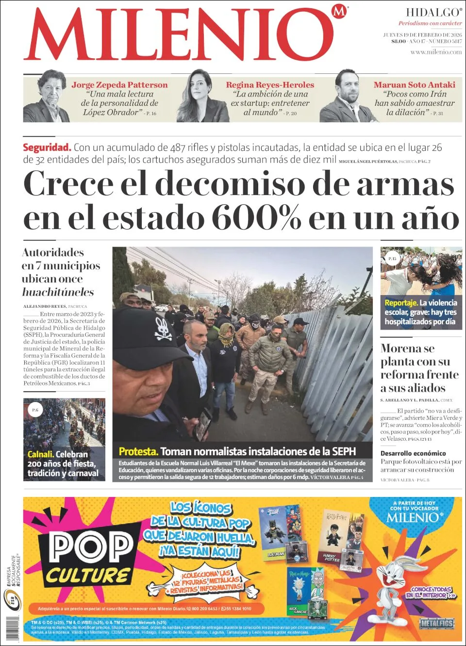 Portada de Milenio Hidalgo del jueves, 19 de febrero de 2026