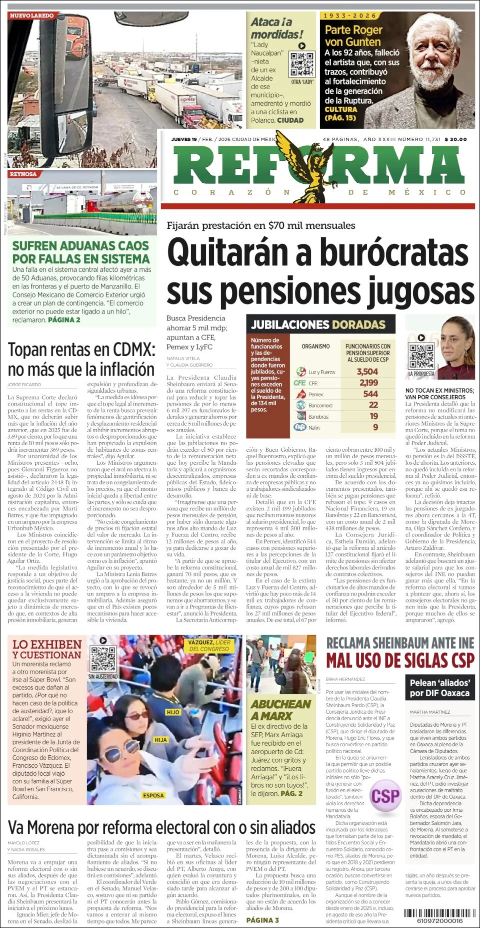 Portada de Reforma del jueves, 19 de febrero de 2026