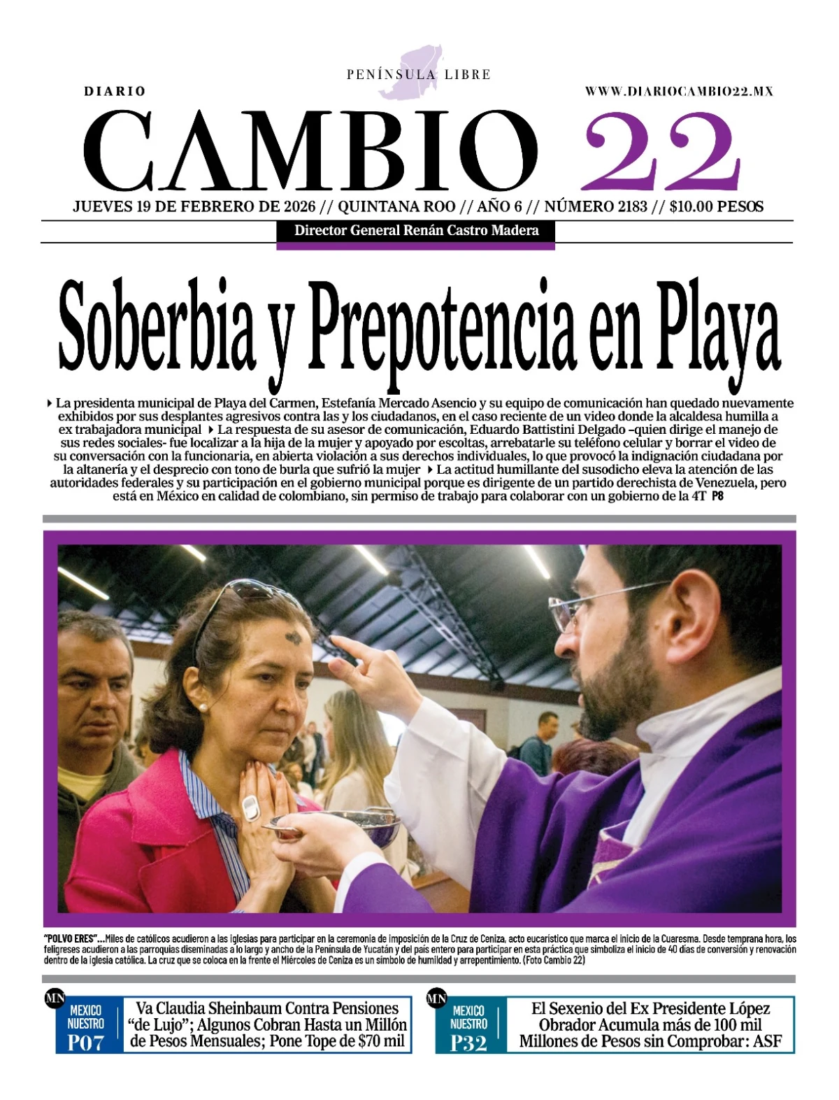 Portada de Diario Cambio 22 (portada) del jueves, 19 de febrero de 2026