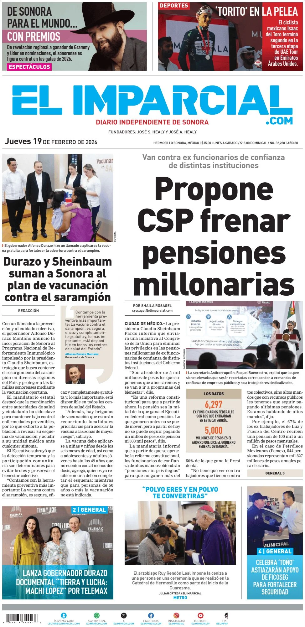 Portada de El Imparcial del jueves, 19 de febrero de 2026