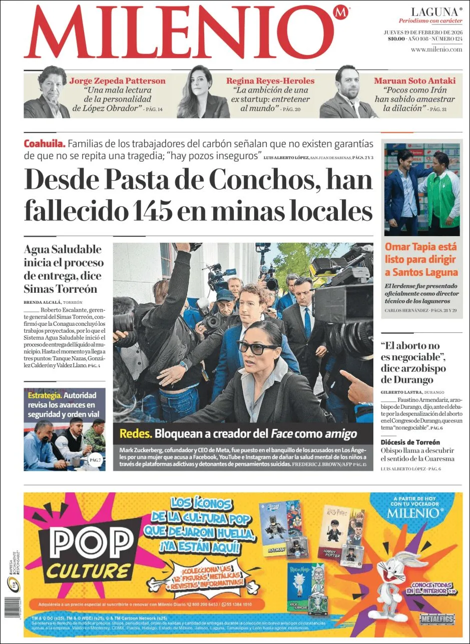 Portada de Milenio Laguna del jueves, 19 de febrero de 2026