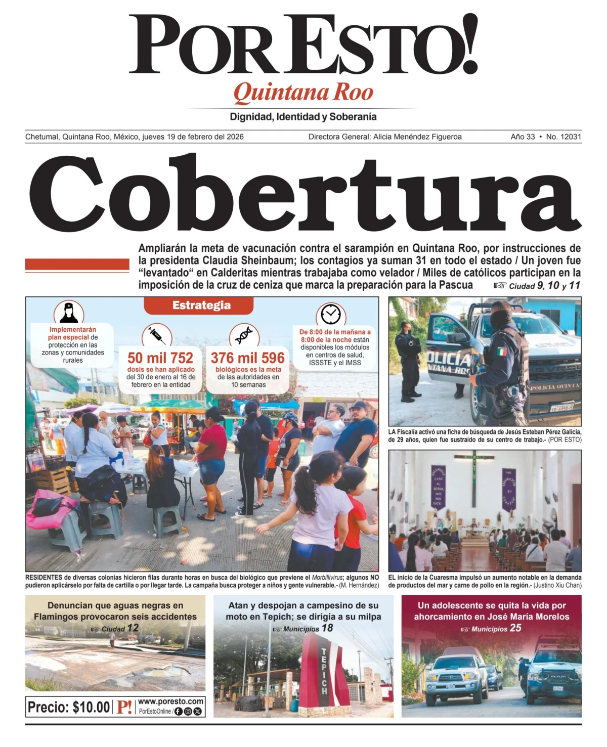 Portada de Por Esto (quintana Roo Chetumal) del jueves, 19 de febrero de 2026