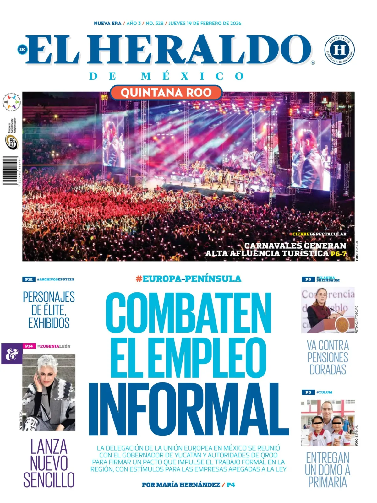Portada de El Heraldo de Mexico - Quintana Roo del jueves, 19 de febrero de 2026