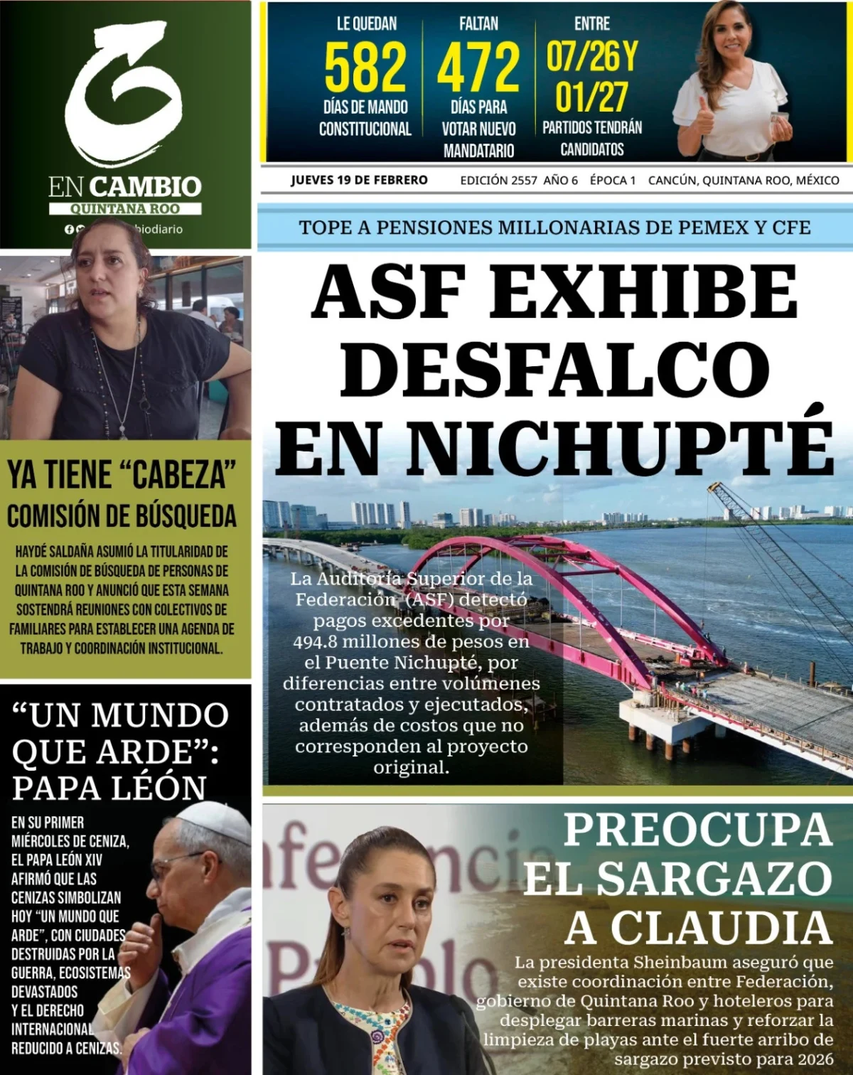 Portada de En Cambio - Quintana Roo (portada) del jueves, 19 de febrero de 2026