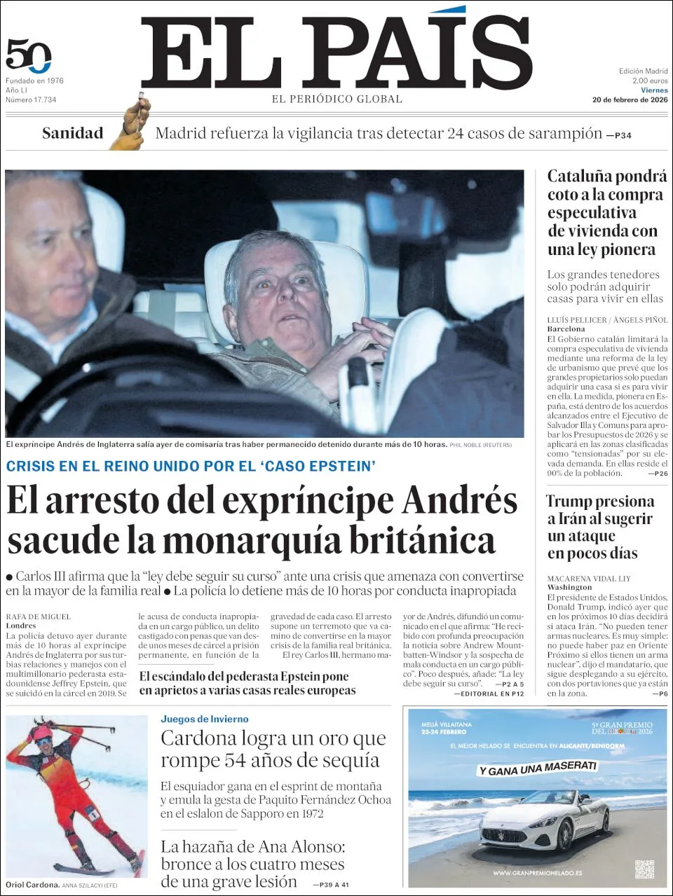 Portada de El Pais del viernes, 20 de febrero de 2026