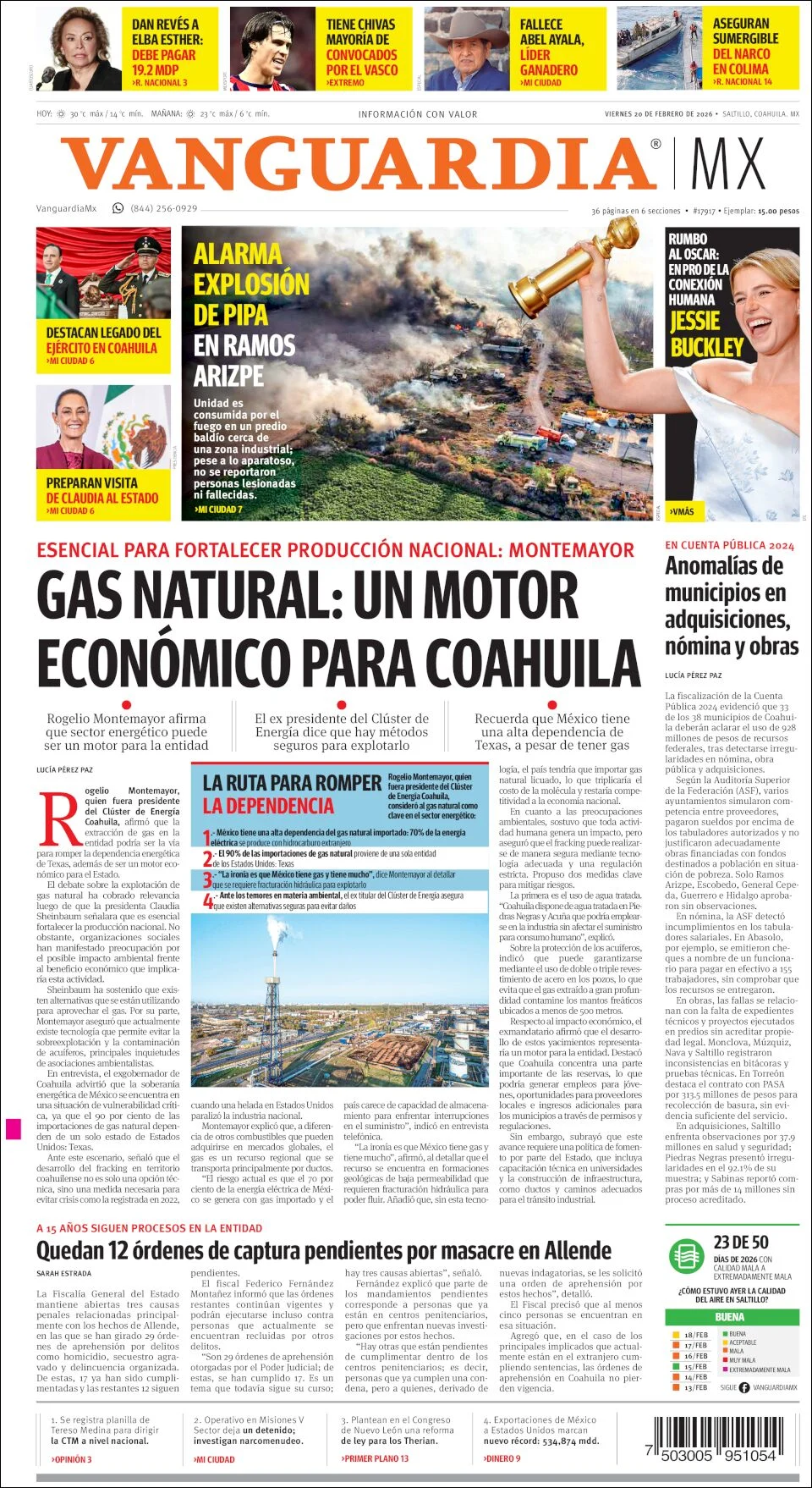 Portada de Vanguardia del viernes, 20 de febrero de 2026