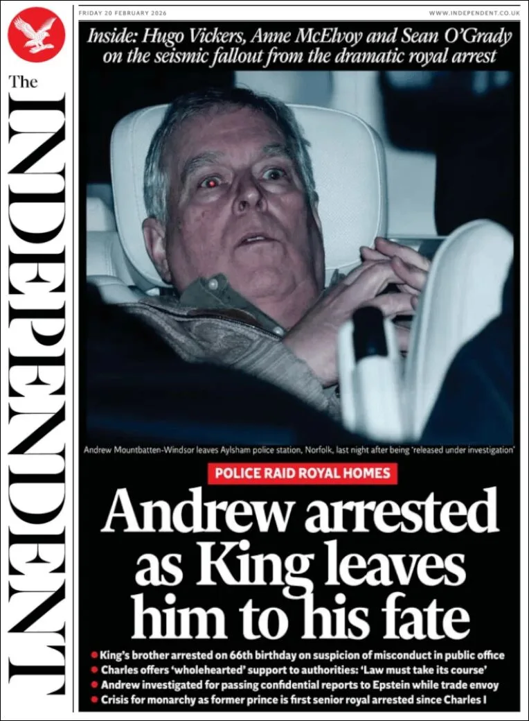 Portada de The Independent del viernes, 20 de febrero de 2026