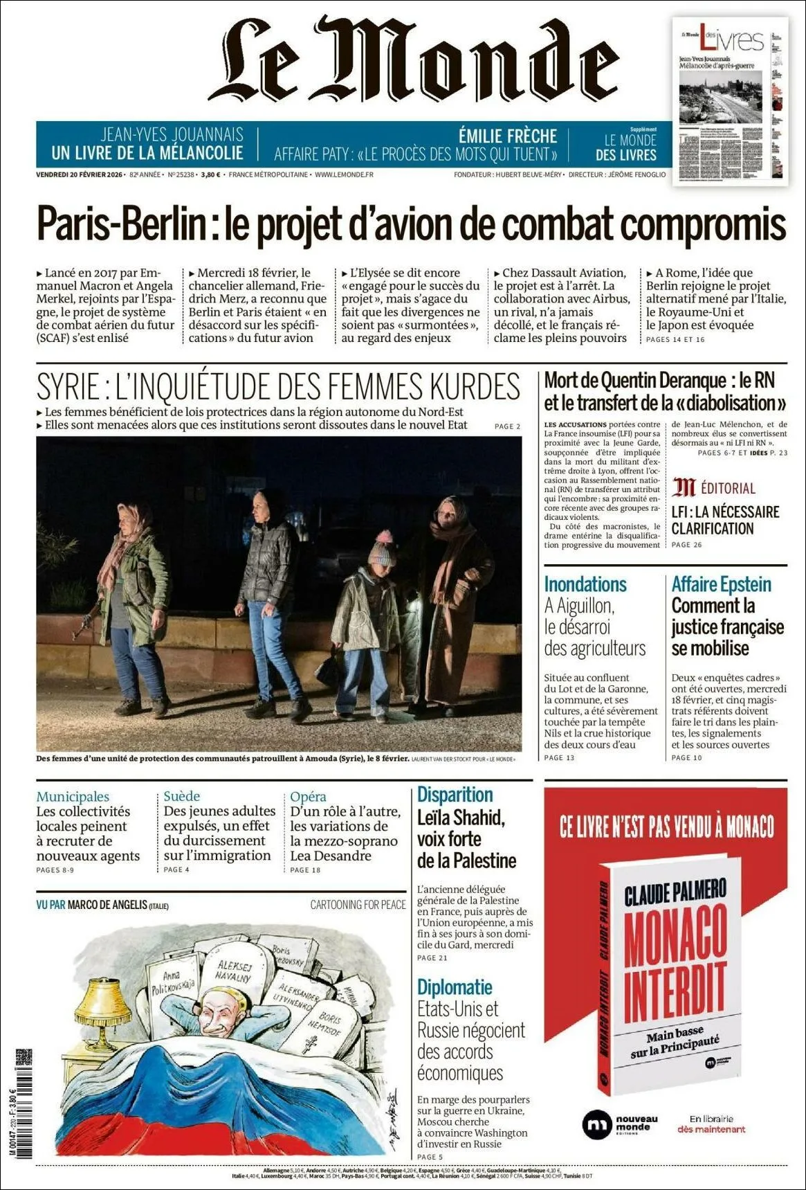 Portada de Le Monde del viernes, 20 de febrero de 2026