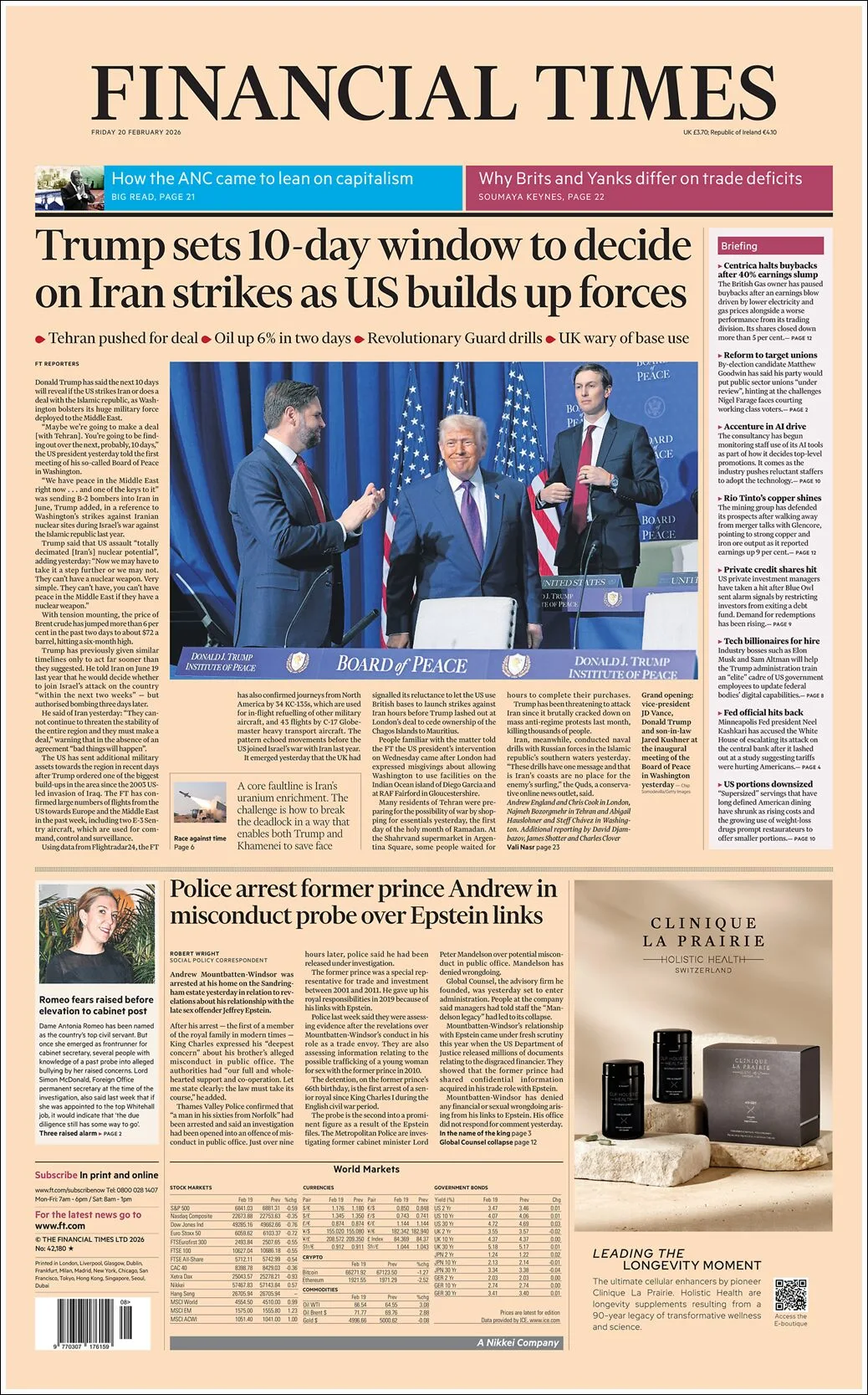 Portada de Financial Times del viernes, 20 de febrero de 2026