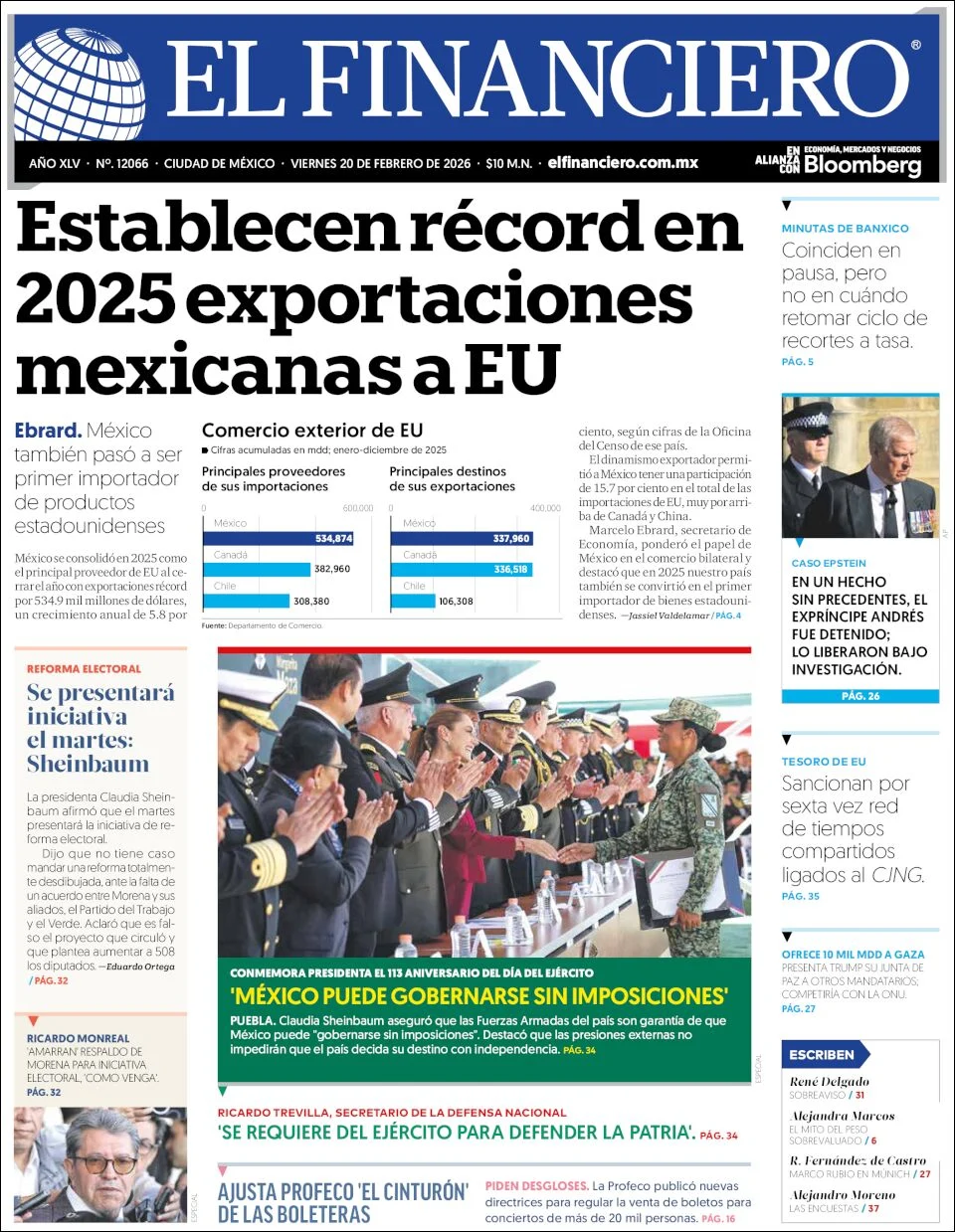 Portada de El Financiero del viernes, 20 de febrero de 2026