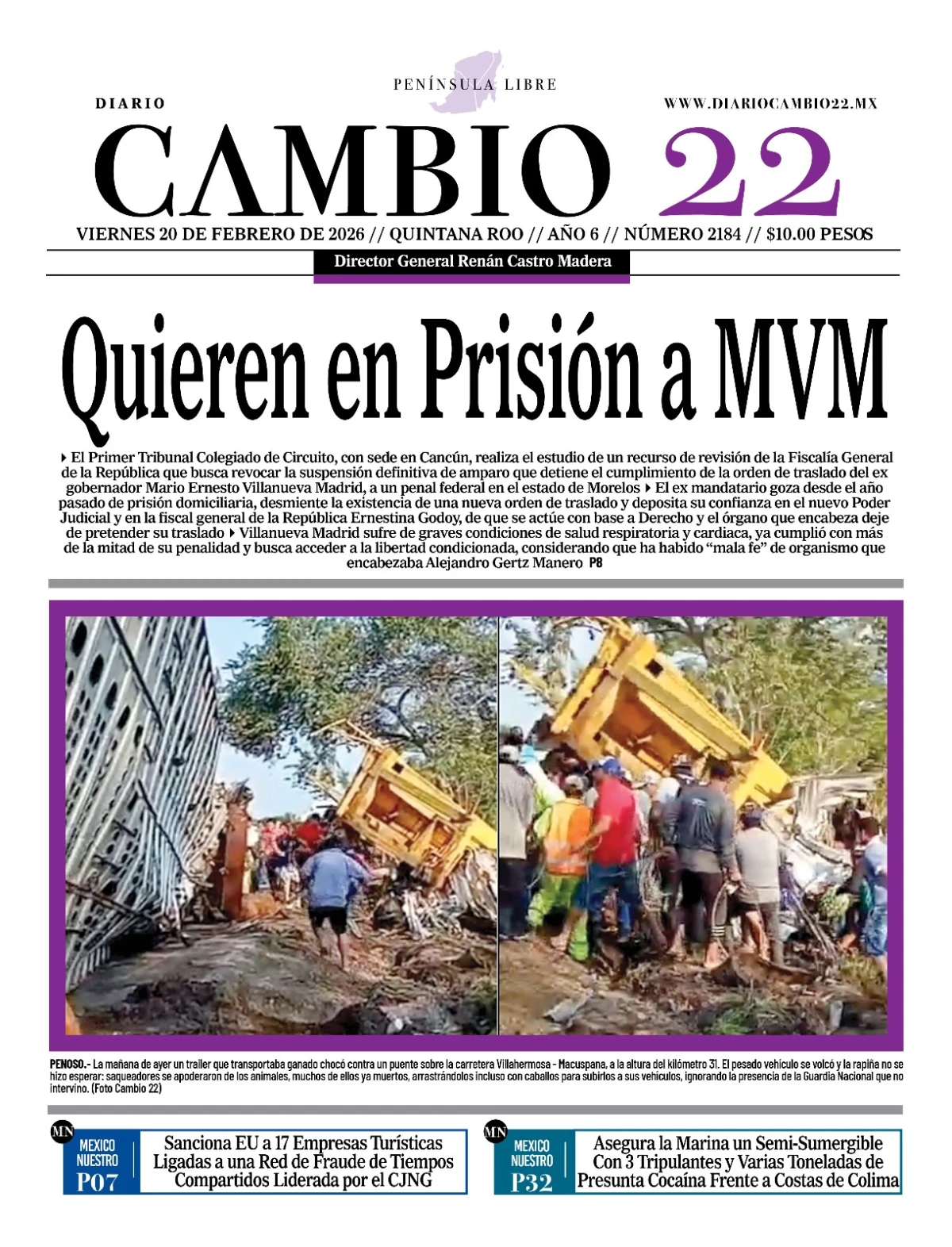 Portada de Diario Cambio 22 (portada) del viernes, 20 de febrero de 2026