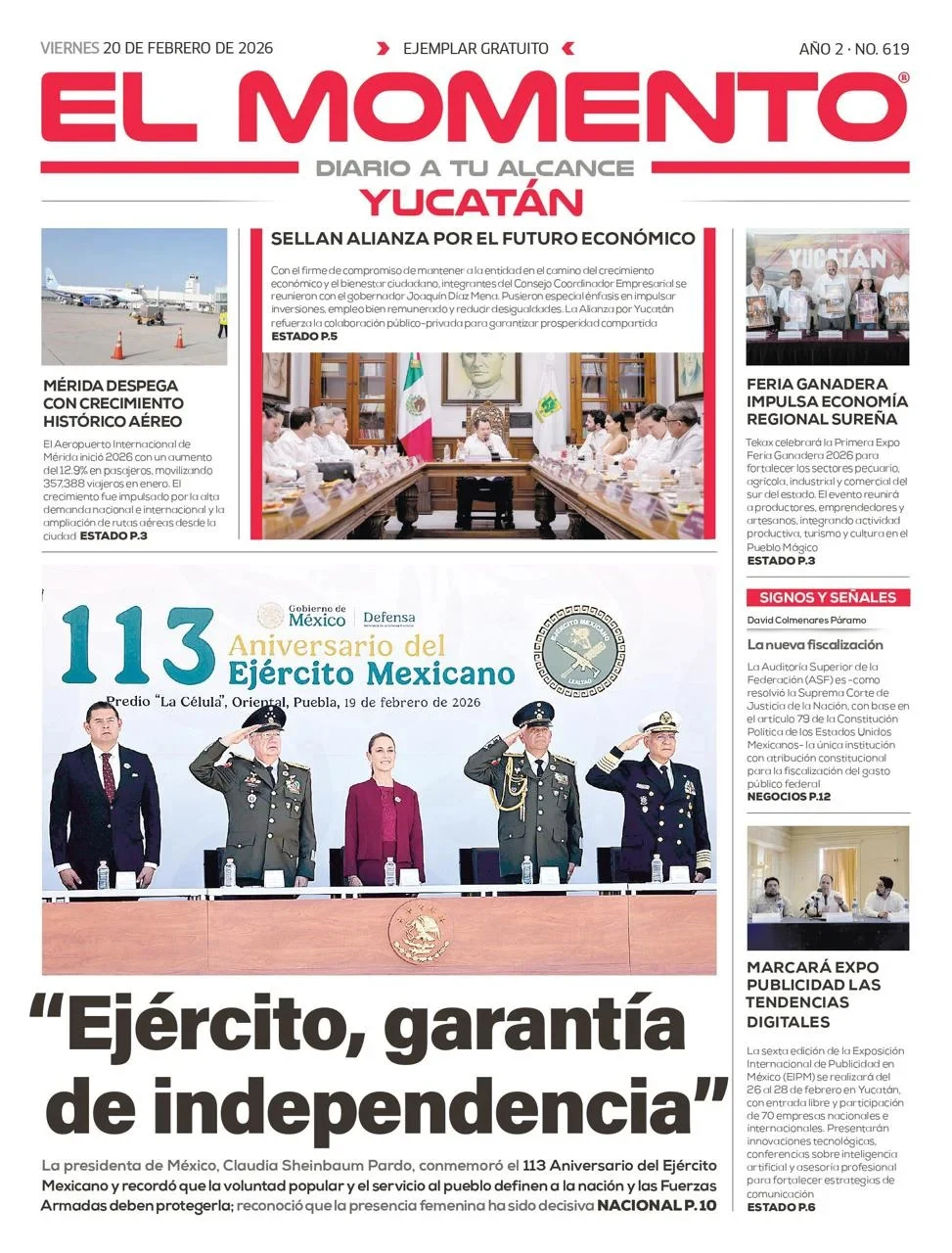 Portada de El Momento Yucatan del viernes, 20 de febrero de 2026