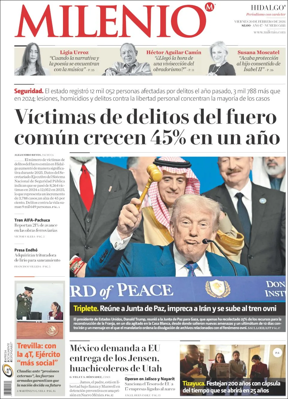 Portada de Milenio Hidalgo del viernes, 20 de febrero de 2026