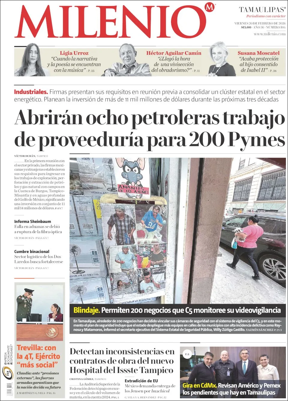 Portada de Milenio Tamaulipas del viernes, 20 de febrero de 2026