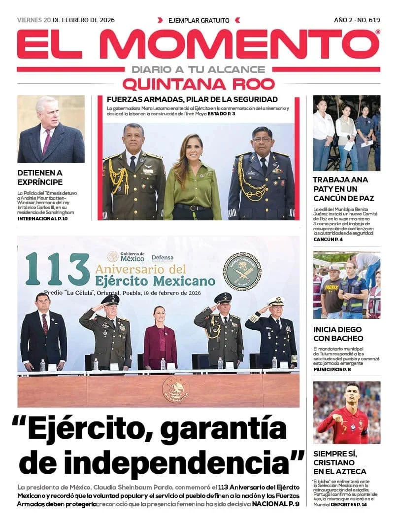 Portada de El Momento Quintana Roo del viernes, 20 de febrero de 2026
