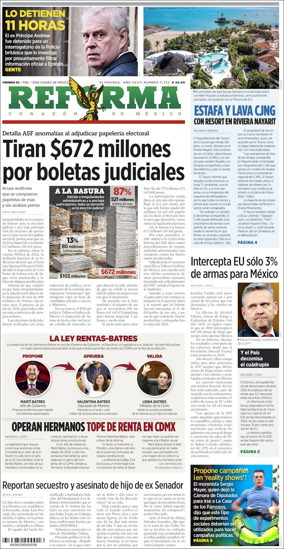 Portada de Reforma del viernes, 20 de febrero de 2026