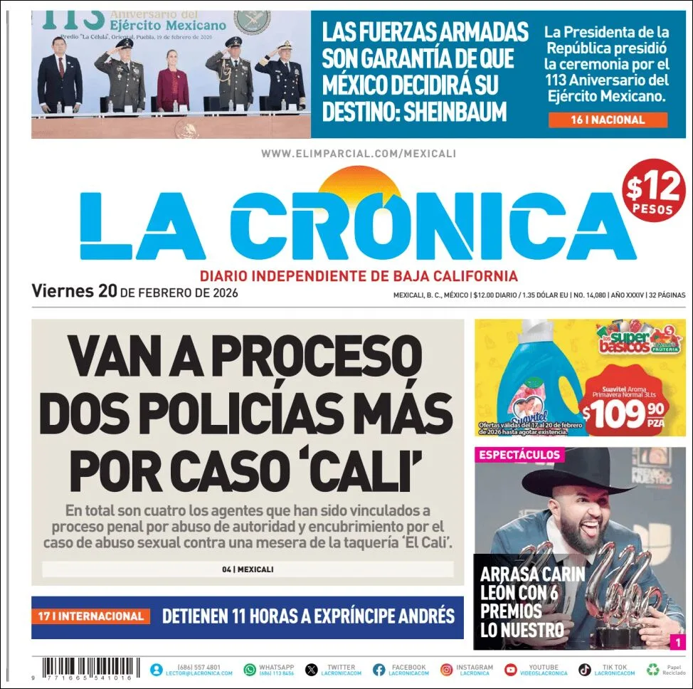 Portada de La Cronica del viernes, 20 de febrero de 2026