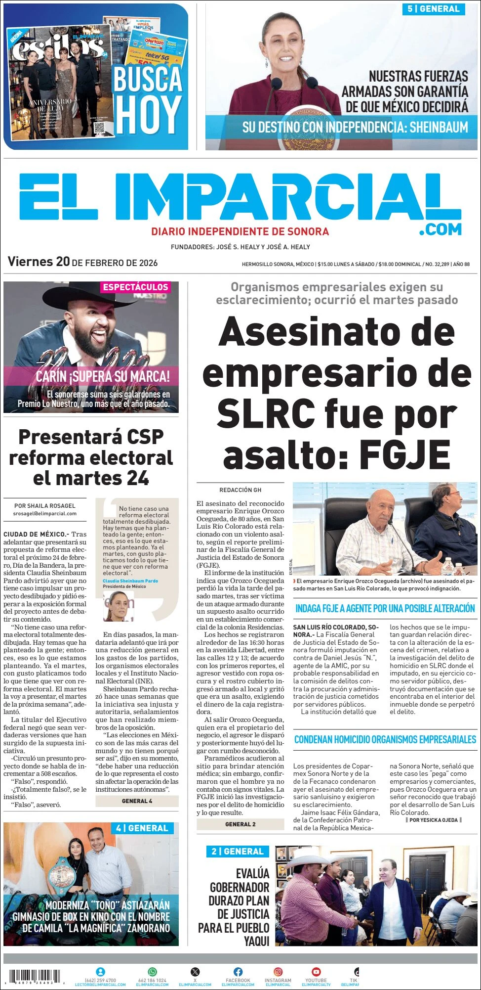 Portada de El Imparcial del viernes, 20 de febrero de 2026