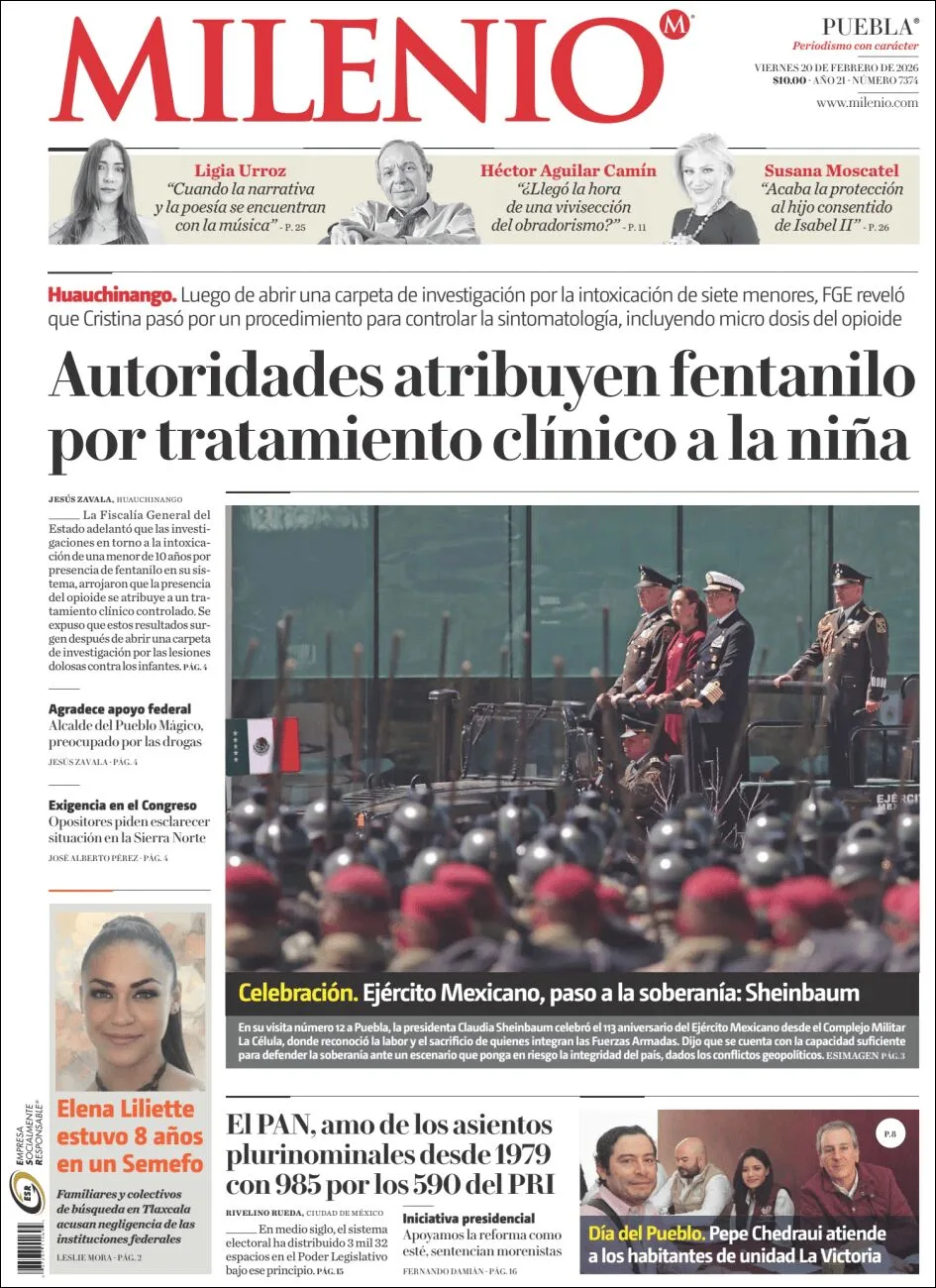 Portada de Milenio Puebla del viernes, 20 de febrero de 2026