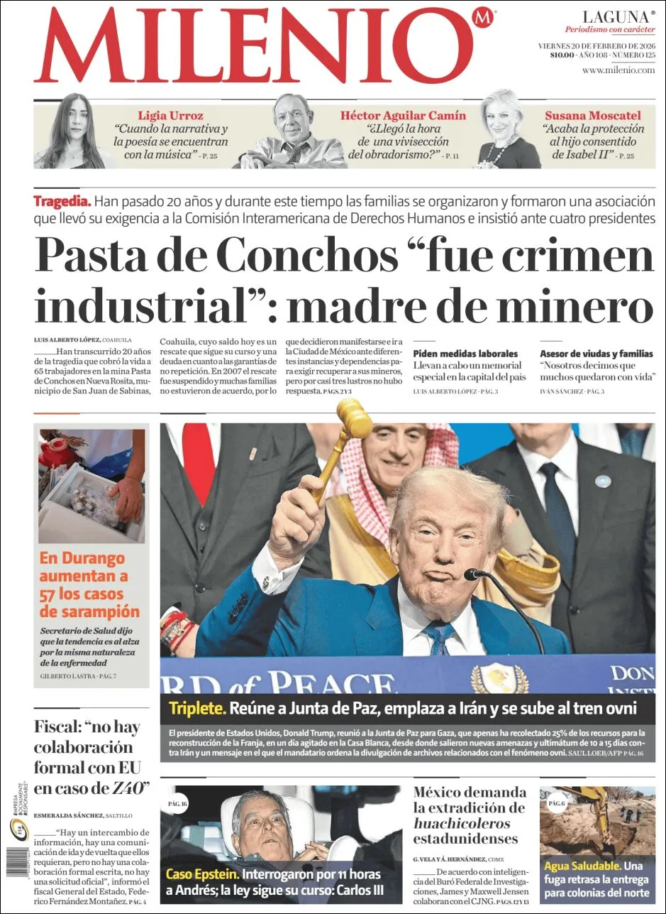 Portada de Milenio Laguna del viernes, 20 de febrero de 2026