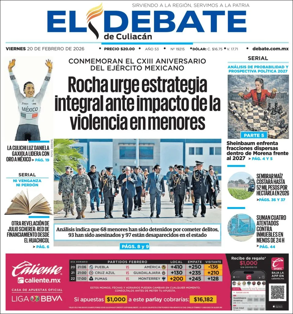 Portada de El Debate de Culiacan del viernes, 20 de febrero de 2026
