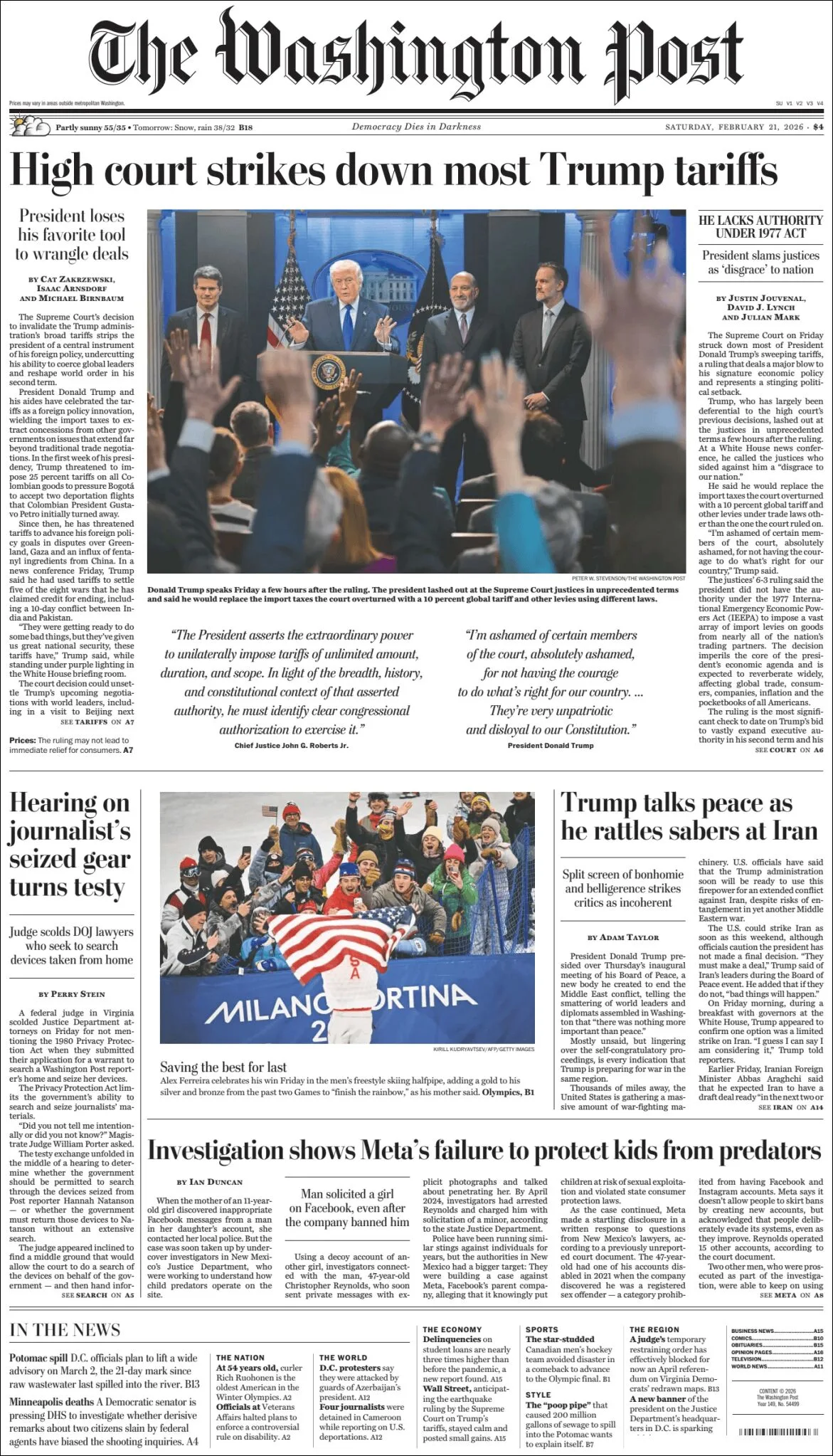 Portada de The Washington Post del sábado, 21 de febrero de 2026