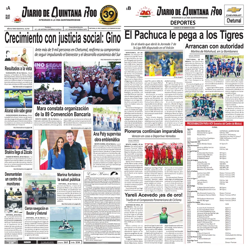 Portada de Diario de Quintana Roo (portada) del sábado, 21 de febrero de 2026